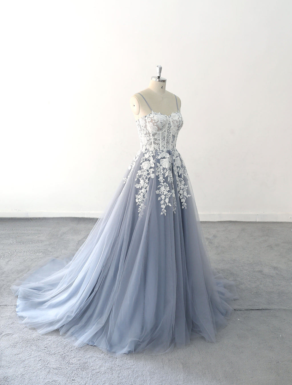 Vestido de novia gris azulado, vestido de novia de encaje, vestido de novia hecho a medida