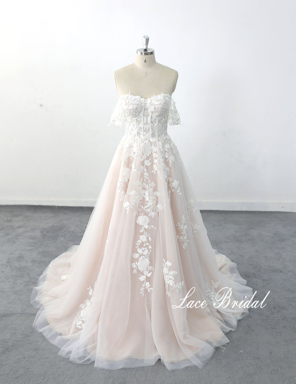 Light pink wedding dress, lace wedding dress, custom-made wedding dress
