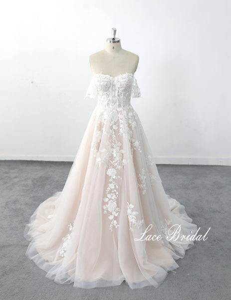 Light pink wedding dress, lace wedding dress, custom-made wedding dress