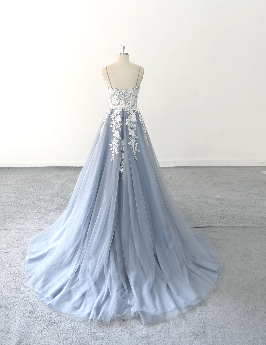 Vestido de novia gris azulado, vestido de novia de encaje, vestido de novia hecho a medida