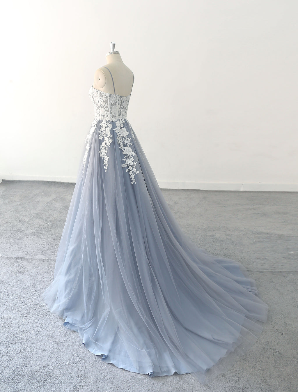 Vestido de novia gris azulado, vestido de novia de encaje, vestido de novia hecho a medida