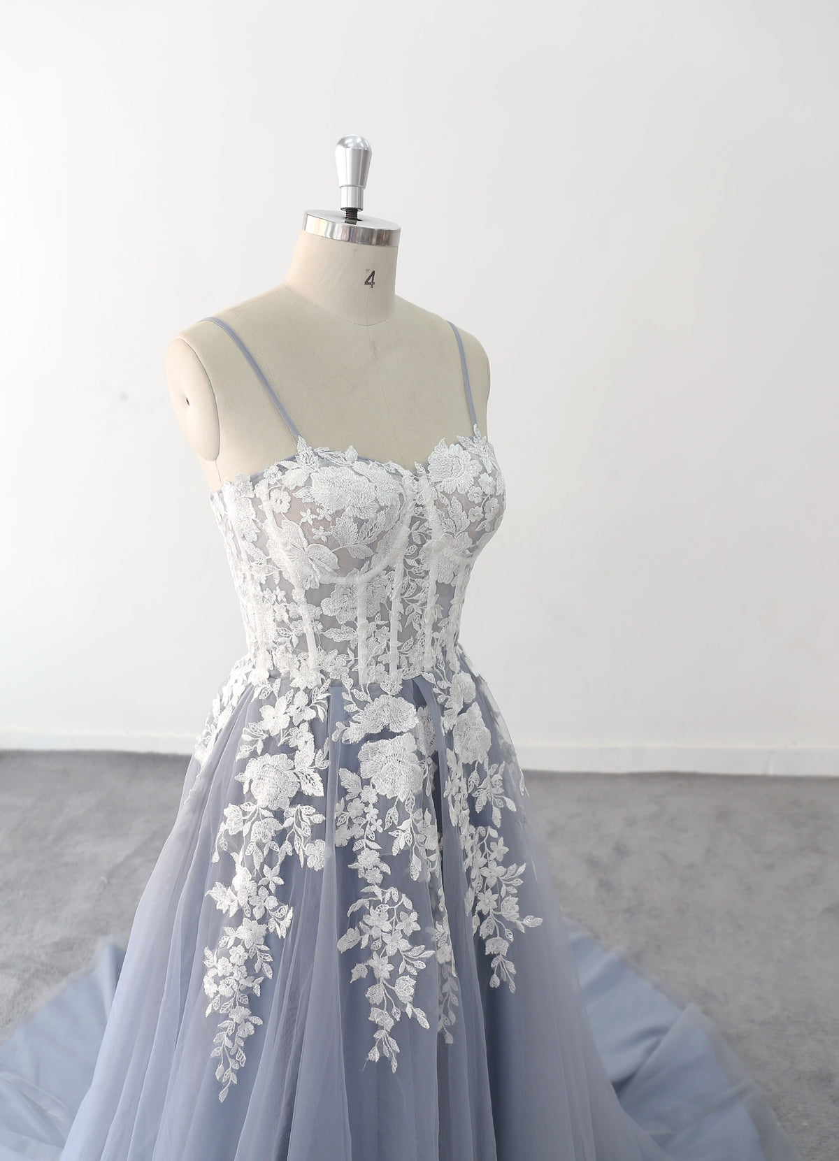 Vestido de novia gris azulado, vestido de novia de encaje, vestido de novia hecho a medida