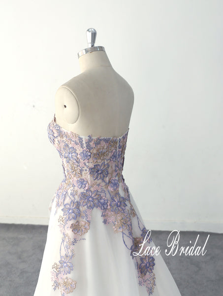 Ivory wedding dress, purple and gold lace wedding dress, custom-made wedding dress