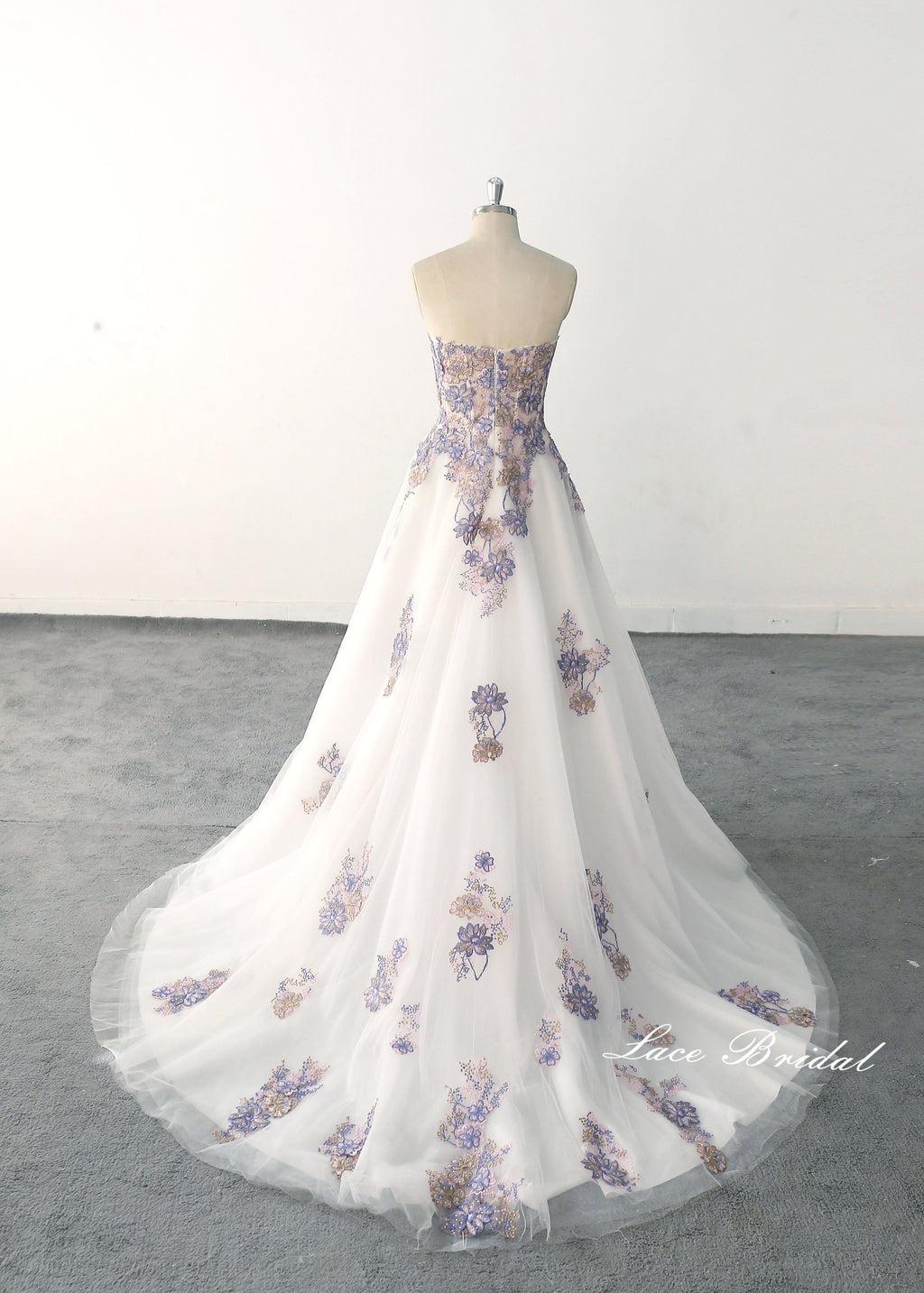 Ivory wedding dress, purple and gold lace wedding dress, custom-made wedding dress