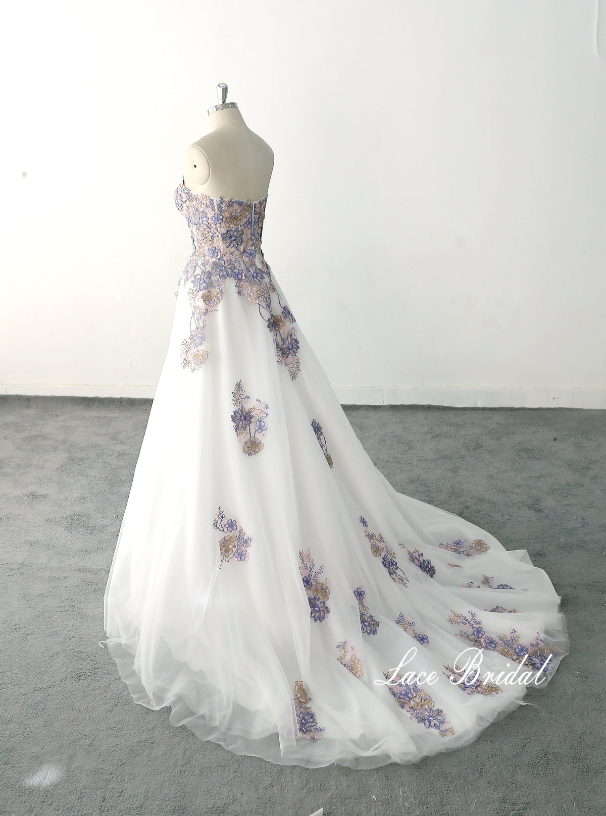 Ivory wedding dress, purple and gold lace wedding dress, custom-made wedding dress