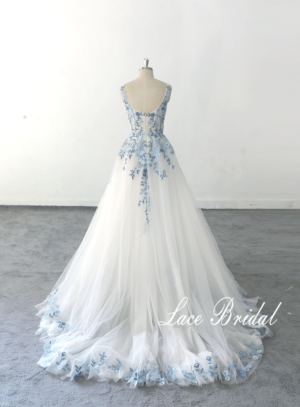 Ivory wedding dress, sky blue lace wedding dress, custom-made wedding dress