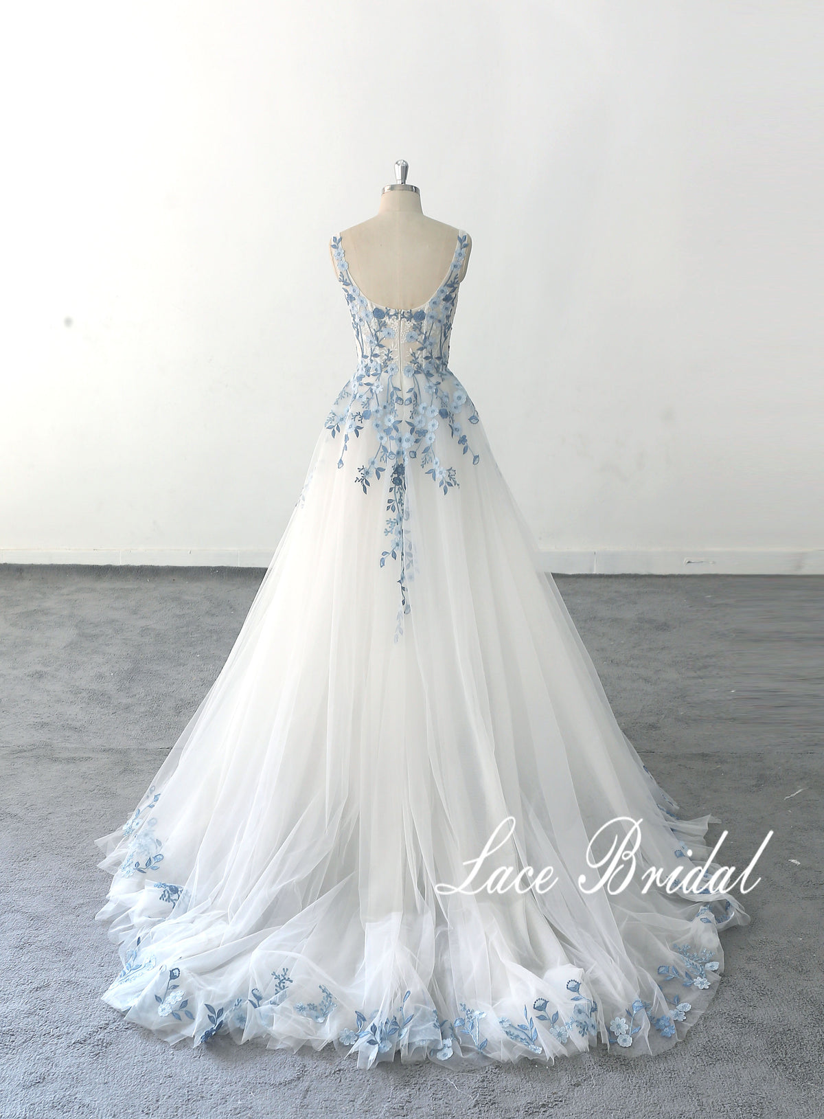 Ivory wedding dress, sky blue lace wedding dress, custom-made wedding dress