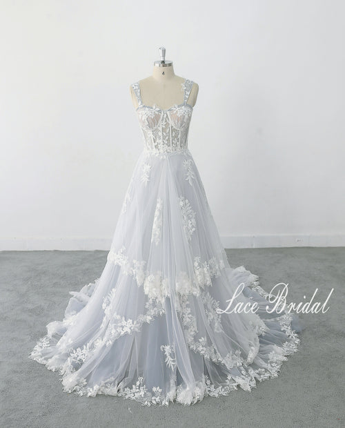 Gray and blue color-blocked wedding dress, openwork corset-style wedding dress, custom-made wedding dress.