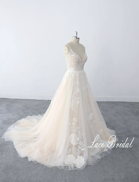 Nude and beige wedding dresses, lace wedding dresses, custom-made wedding dresses