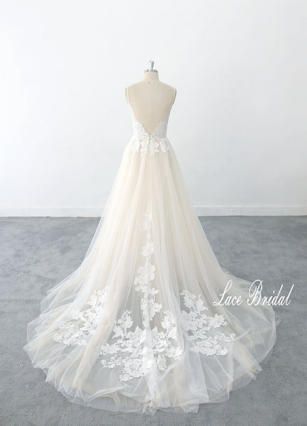 Beige wedding dress, lace wedding dress, custom-made wedding dress