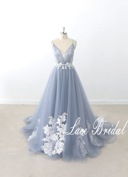Gray-blue wedding dress, lace wedding dress, custom-made wedding dress