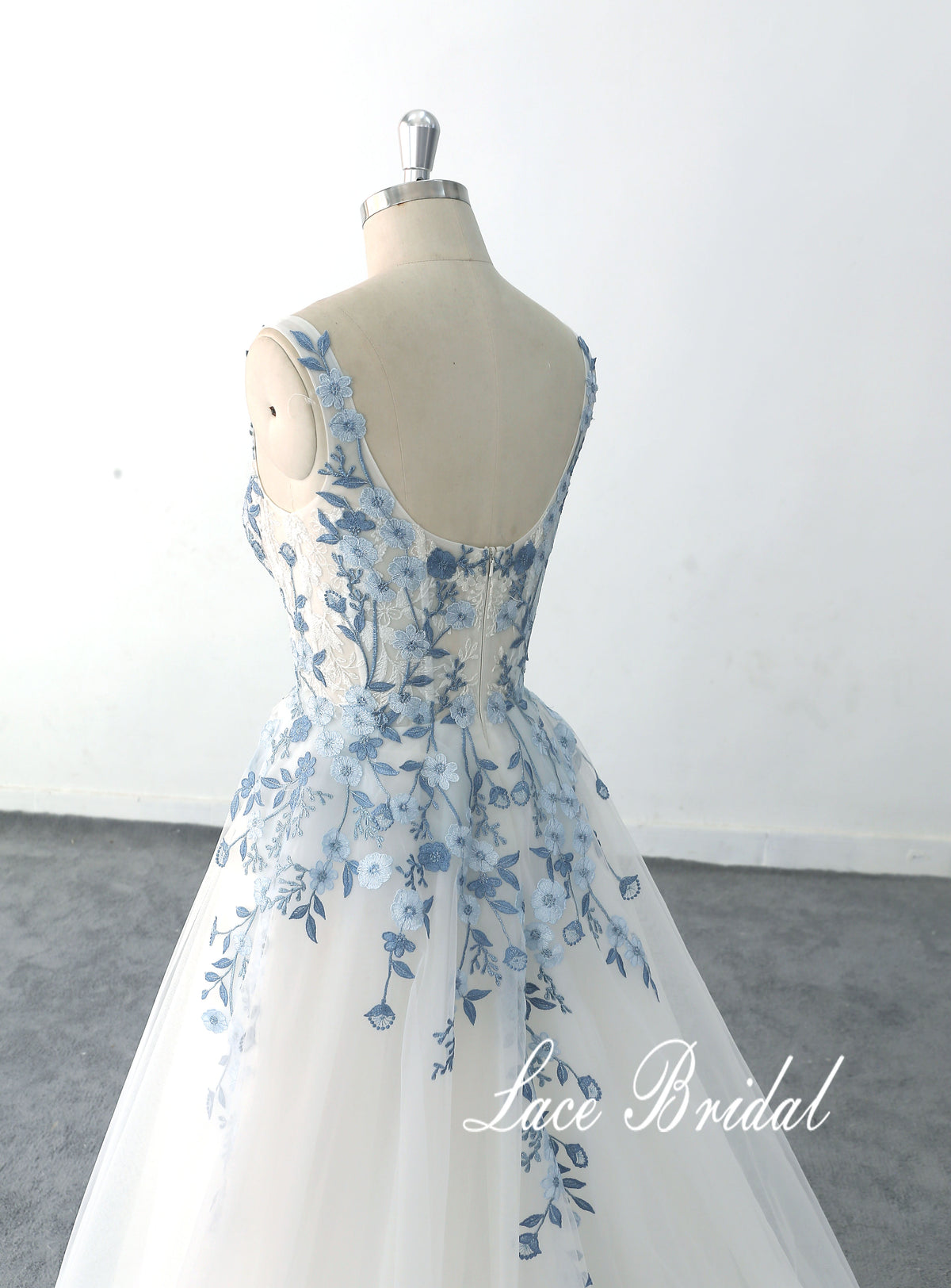 Ivory wedding dress, sky blue lace wedding dress, custom-made wedding dress