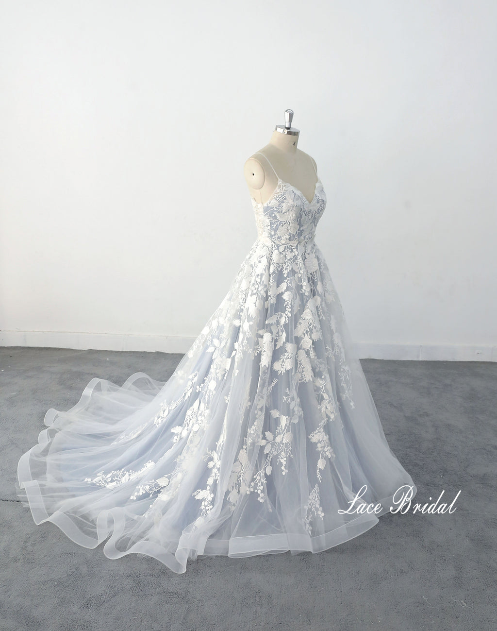 Vestido de novia gris azulado, vestido de novia de encaje, vestido de novia hecho a medida