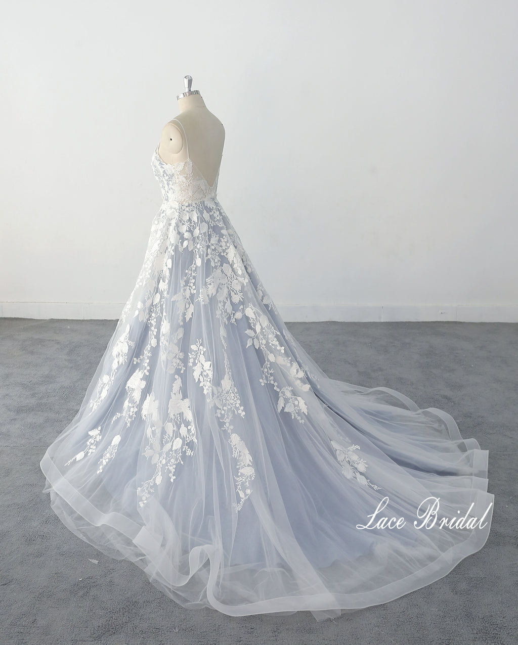 Vestido de novia gris azulado, vestido de novia de encaje, vestido de novia hecho a medida