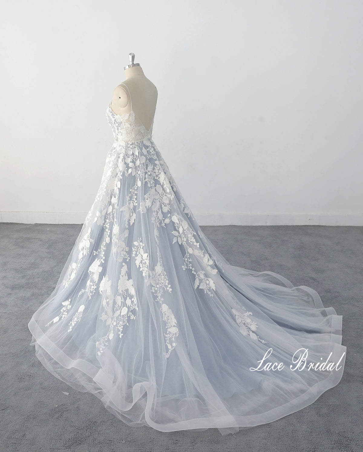 Vestido de novia gris azulado, vestido de novia de encaje, vestido de novia hecho a medida