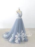 Gray-blue wedding dress, lace wedding dress, custom-made wedding dress