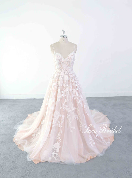 Light pink wedding dress, lace wedding dress, custom-made wedding dress