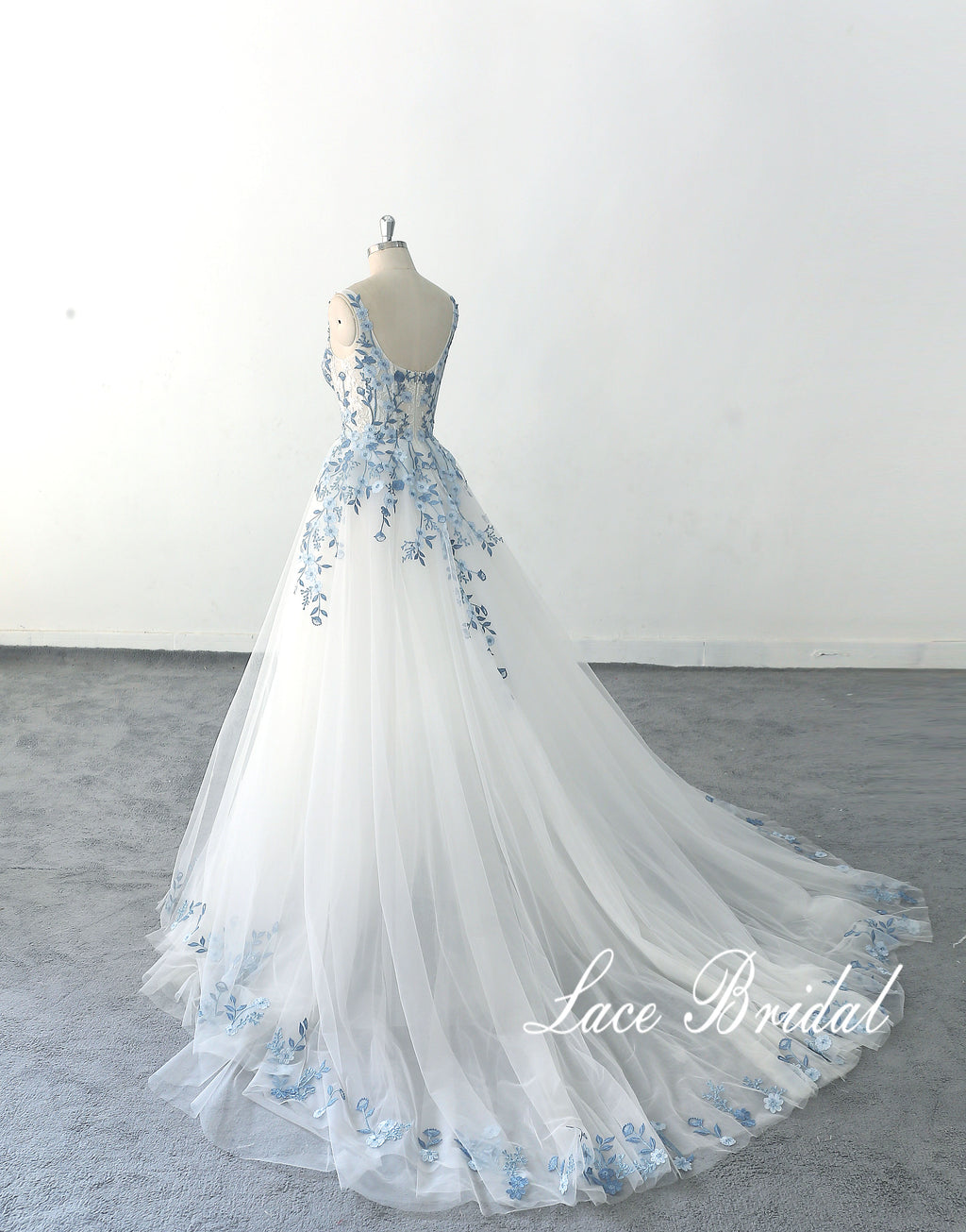 Ivory wedding dress, sky blue lace wedding dress, custom-made wedding dress