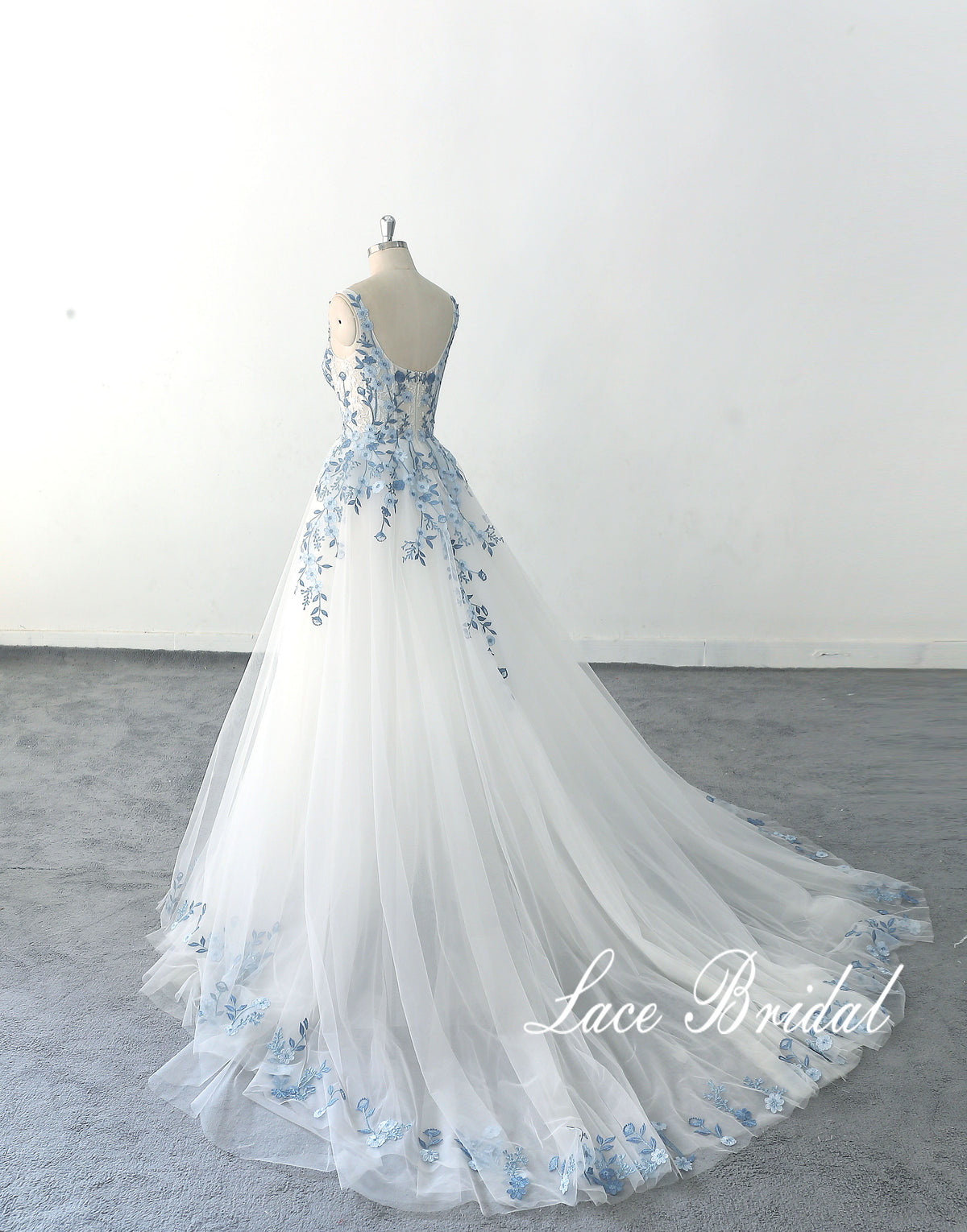 Ivory wedding dress, sky blue lace wedding dress, custom-made wedding dress