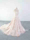 Vestido de novia rosa claro, vestido de novia de encaje, vestido de novia hecho a medida