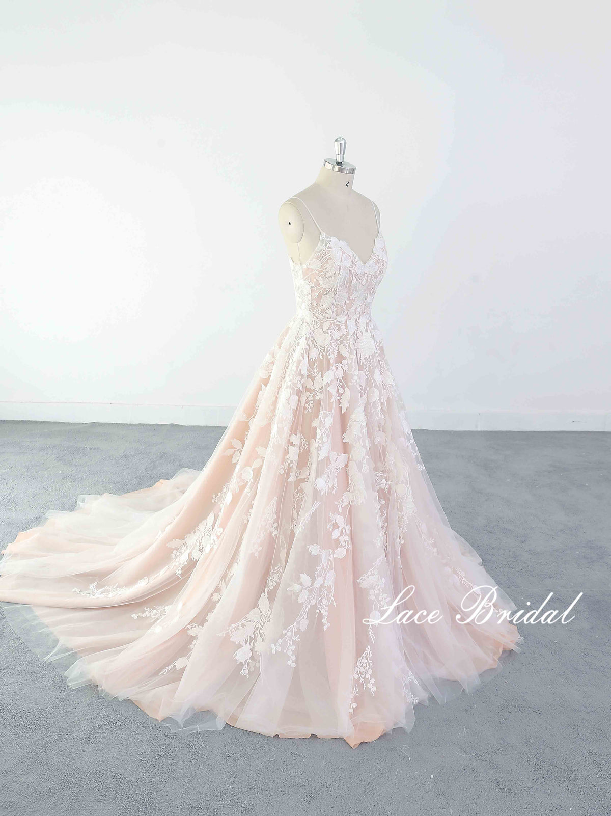 Light pink wedding dress, lace wedding dress, custom-made wedding dress
