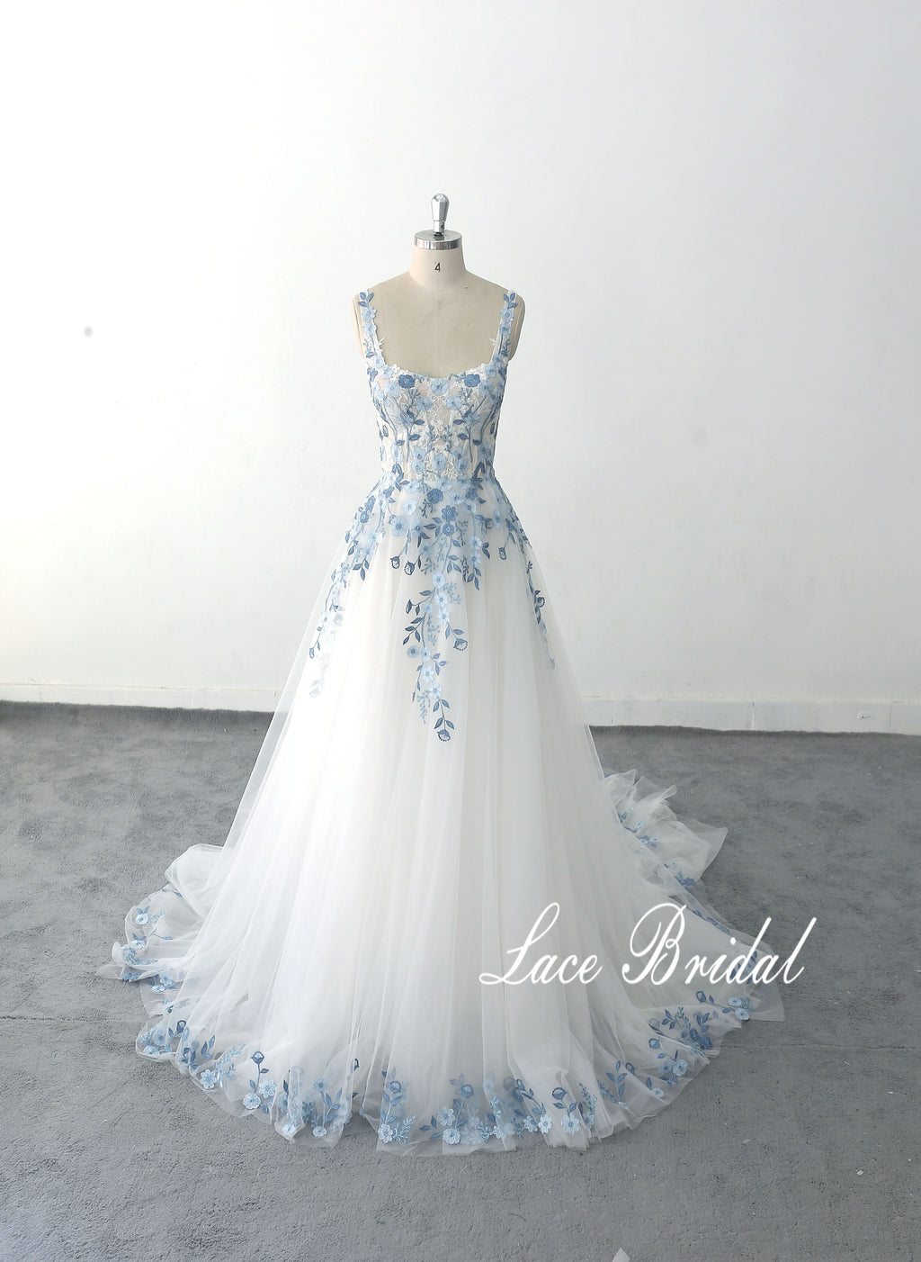 Ivory wedding dress, sky blue lace wedding dress, custom-made wedding dress