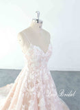 Light pink wedding dress, lace wedding dress, custom-made wedding dress