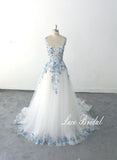 <Lilac Serenade>  Ivory wedding dress, sky blue lace wedding dress, custom-made wedding dress