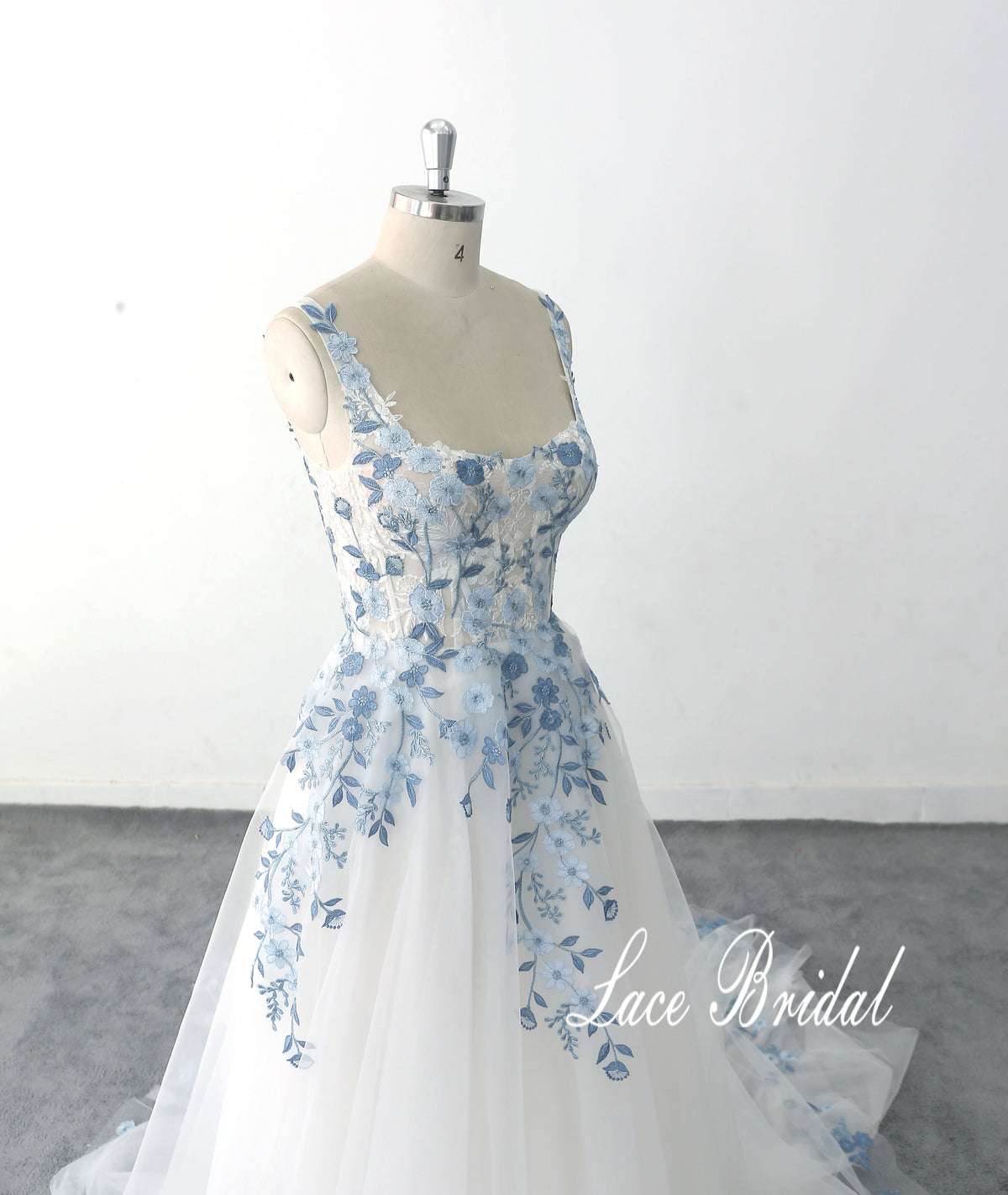 Ivory wedding dress, sky blue lace wedding dress, custom-made wedding dress