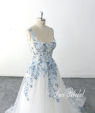 <Lilac Serenade>  Ivory wedding dress, sky blue lace wedding dress, custom-made wedding dress