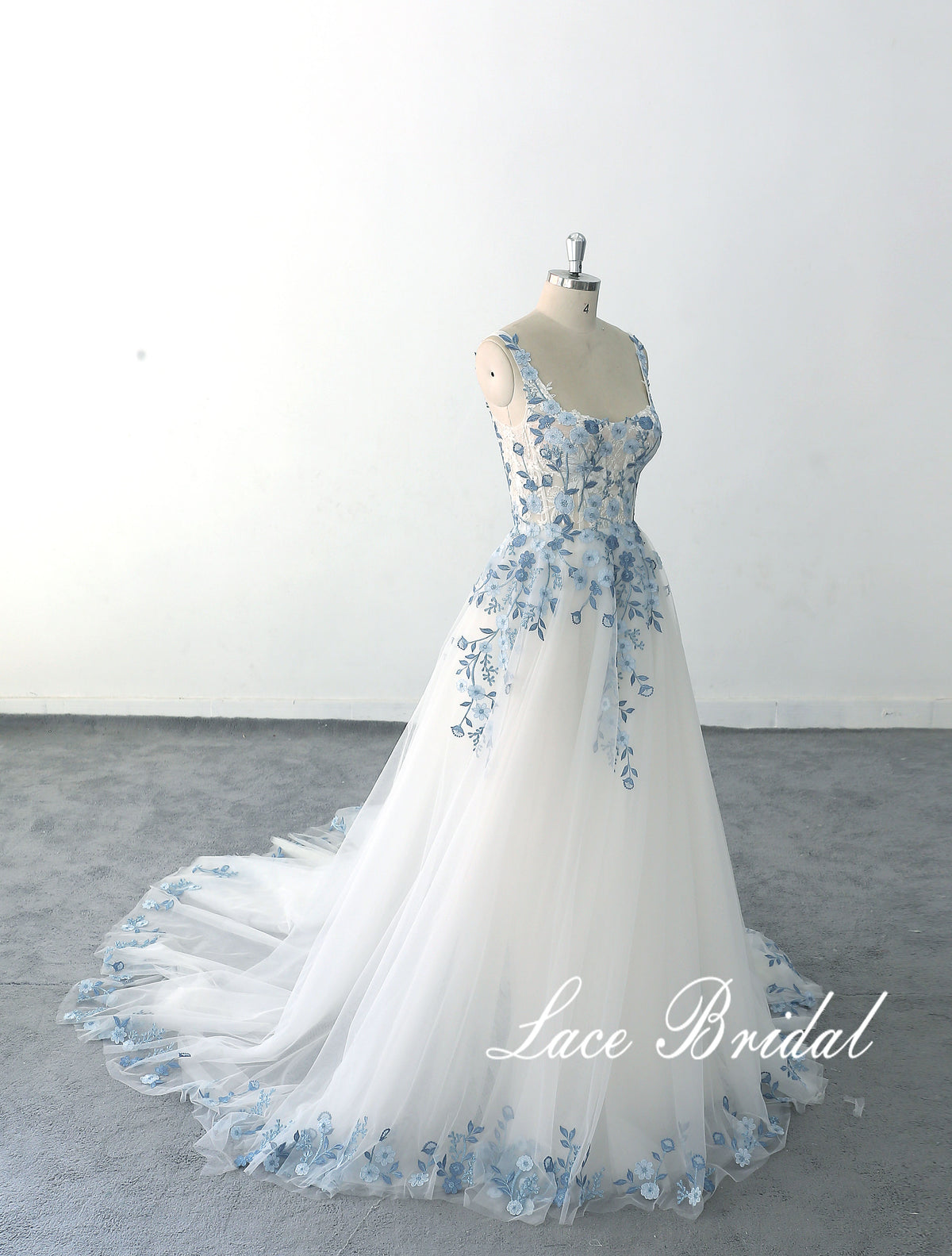 Ivory wedding dress, sky blue lace wedding dress, custom-made wedding dress
