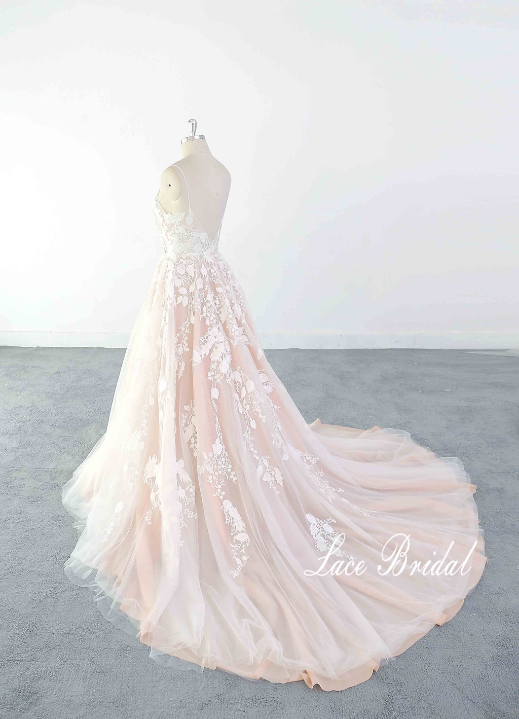 Vestido de novia rosa claro, vestido de novia de encaje, vestido de novia hecho a medida