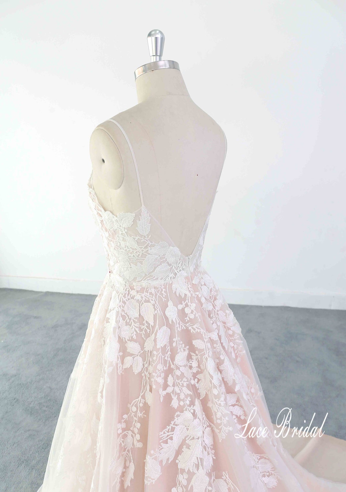 Vestido de novia rosa claro, vestido de novia de encaje, vestido de novia hecho a medida