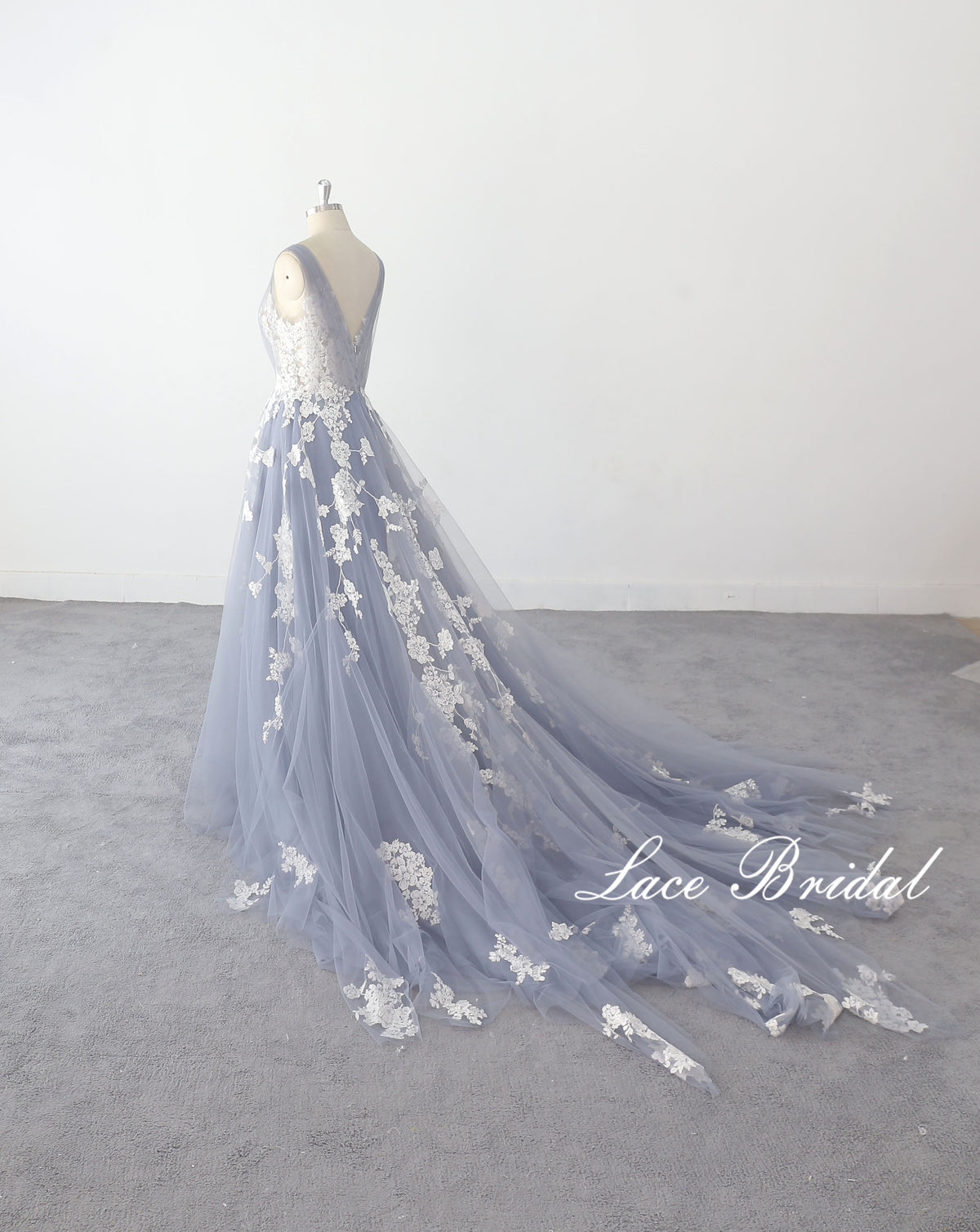 Gray-blue wedding dress, lace wedding dress, custom-made wedding dress