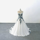 Black and blue floral lace wedding dress, custom-made wedding dress