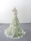 Sage-colored wedding dress, lace wedding dress, custom-made wedding dress