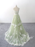 Sage-colored wedding dress, lace wedding dress, custom-made wedding dress