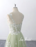 Sage-colored wedding dress, lace wedding dress, custom-made wedding dress