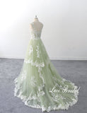 Sage-colored wedding dress, lace wedding dress, custom-made wedding dress