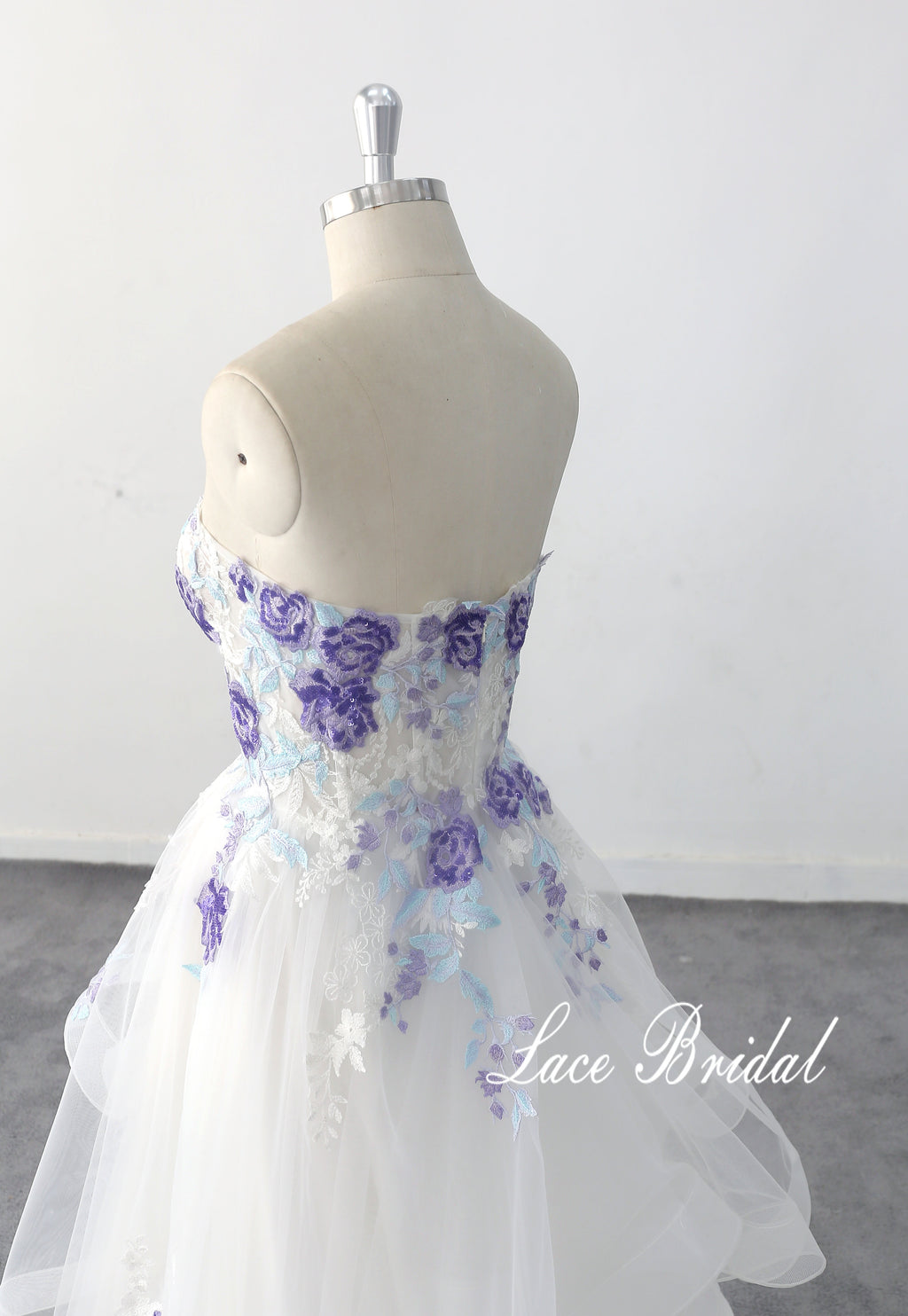 Ivory wedding dress, sky blue lace mixed with light purple lace and flowers, custom-made wedding dress.