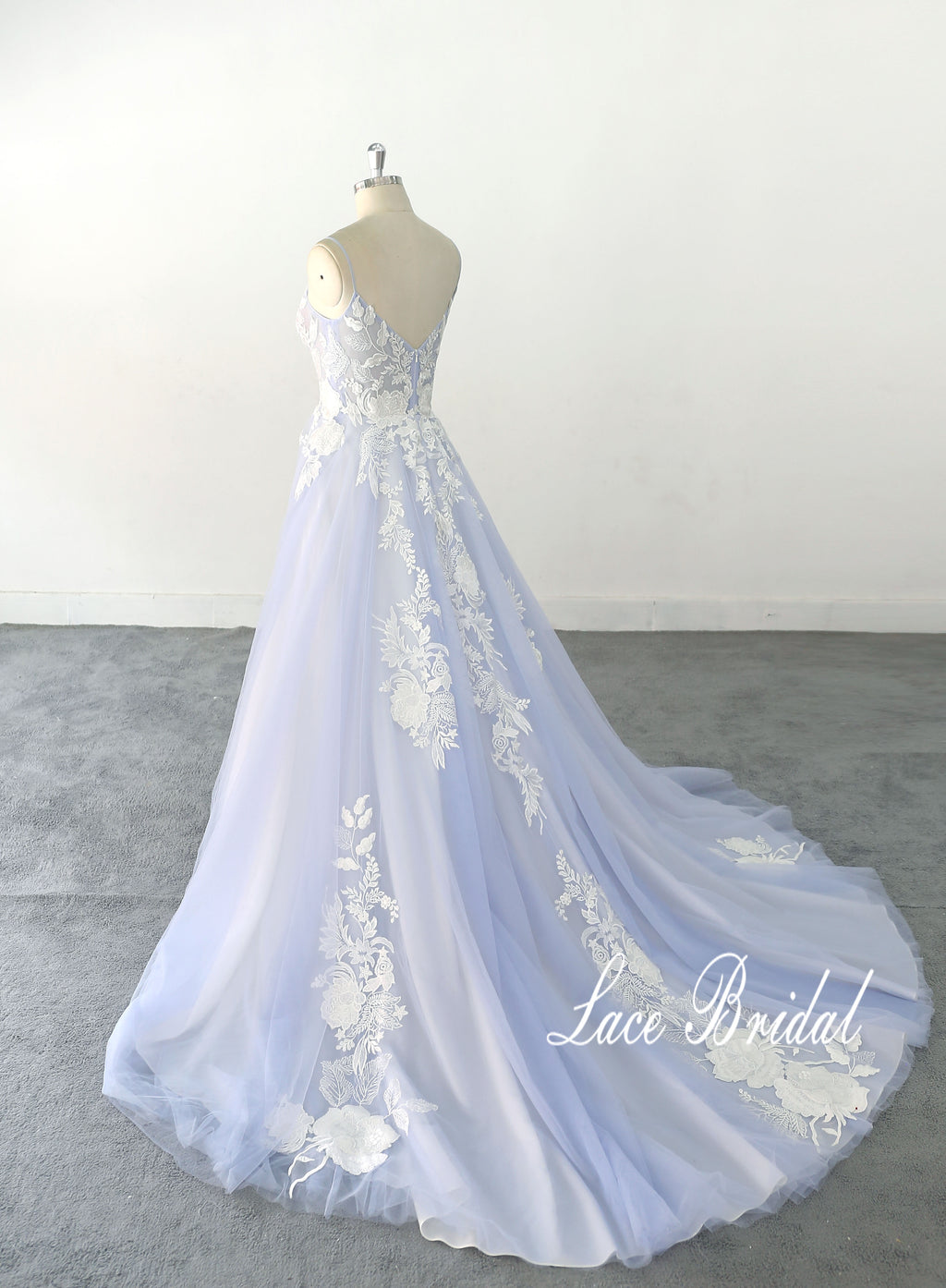 Ice blue wedding dress, lace wedding dress, custom-made wedding dress