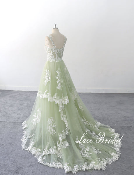 Sage-colored wedding dress, lace wedding dress, custom-made wedding dress