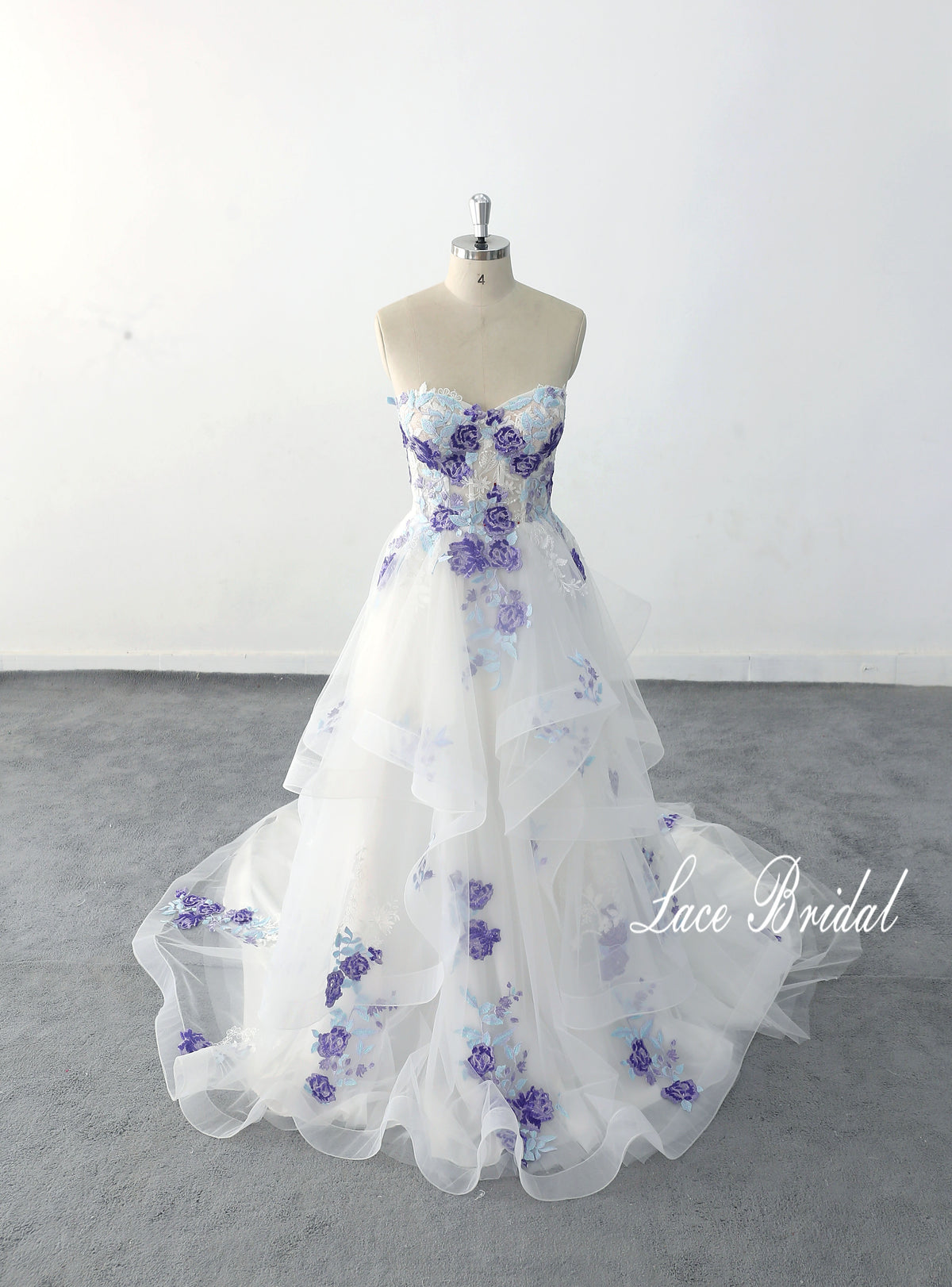 Ivory wedding dress, sky blue lace mixed with light purple lace and flowers, custom-made wedding dress.