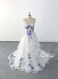 Ivory wedding dress, sky blue lace mixed with light purple lace and flowers, custom-made wedding dress.