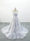 Light gray-blue wedding dress, lace wedding dress, custom-made wedding dress