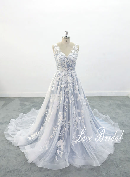 Light gray-blue wedding dress, lace wedding dress, custom-made wedding dress