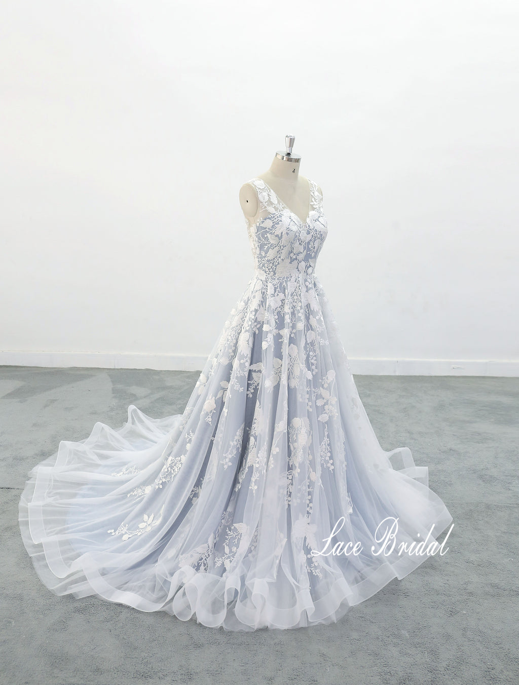 Vestido de novia color gris azulado claro, vestido de novia de encaje, vestido de novia hecho a medida