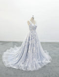 Vestido de novia color gris azulado claro, vestido de novia de encaje, vestido de novia hecho a medida