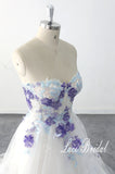 Ivory wedding dress, sky blue lace mixed with light purple lace and flowers, custom-made wedding dress.