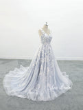 Light gray-blue wedding dress, lace wedding dress, custom-made wedding dress
